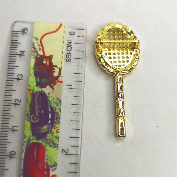 Vintage Gold-Tone Tennis Racket Brooch Pin With Rhinestones - Picture 4 of 4